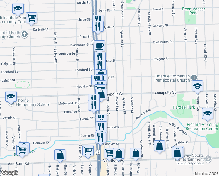 map of restaurants, bars, coffee shops, grocery stores, and more near 4442 Westpoint Street in Dearborn Heights