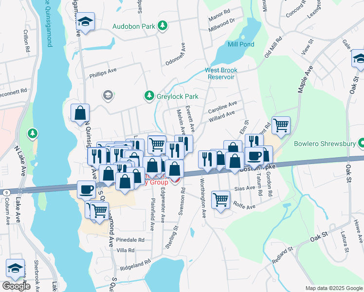 map of restaurants, bars, coffee shops, grocery stores, and more near 1 Sadler Avenue in Shrewsbury