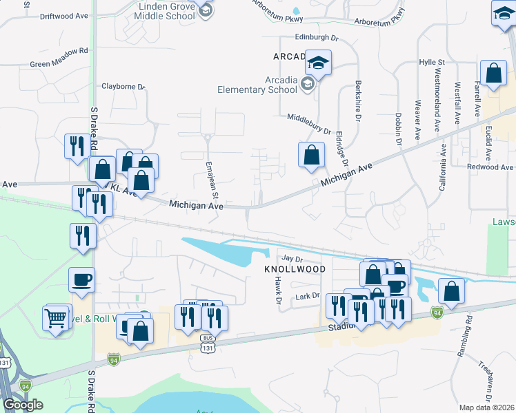 map of restaurants, bars, coffee shops, grocery stores, and more near 3902 West Michigan Avenue in Kalamazoo