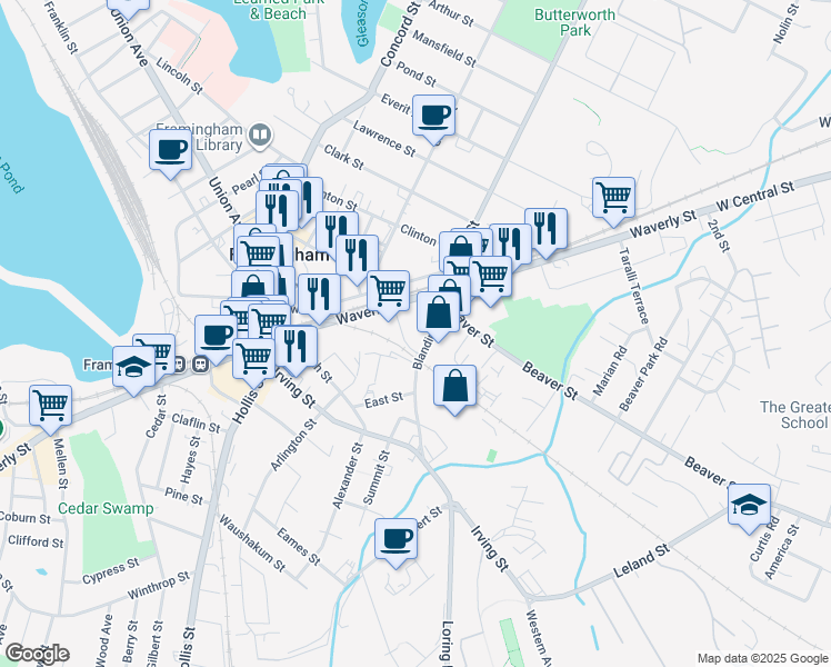 map of restaurants, bars, coffee shops, grocery stores, and more near 266 Waverly Street in Framingham