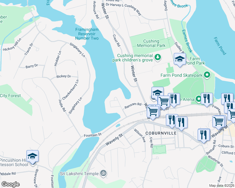 map of restaurants, bars, coffee shops, grocery stores, and more near 53 Pincushion Road in Framingham