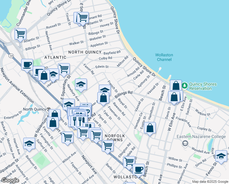 map of restaurants, bars, coffee shops, grocery stores, and more near in Quincy