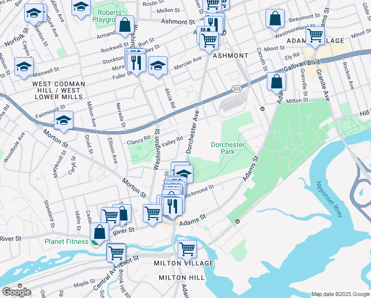 map of restaurants, bars, coffee shops, grocery stores, and more near 2139 Dorchester Avenue in Boston