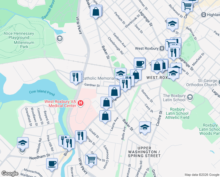 map of restaurants, bars, coffee shops, grocery stores, and more near 48 Gardner Street in Boston