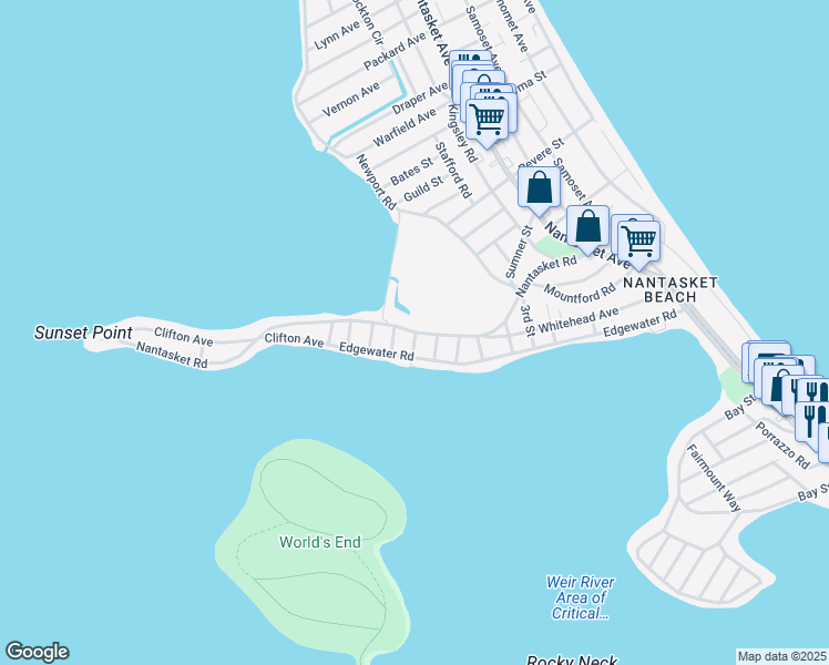 map of restaurants, bars, coffee shops, grocery stores, and more near 149 Nantasket Road in Hull