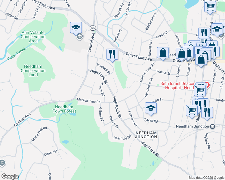 map of restaurants, bars, coffee shops, grocery stores, and more near 521 High Rock Street in Needham