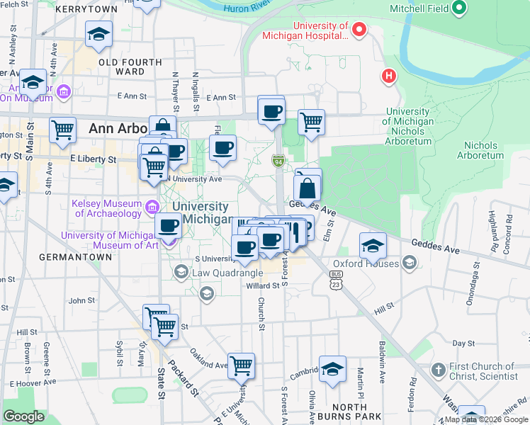 map of restaurants, bars, coffee shops, grocery stores, and more near 1210 Washtenaw Court in Ann Arbor