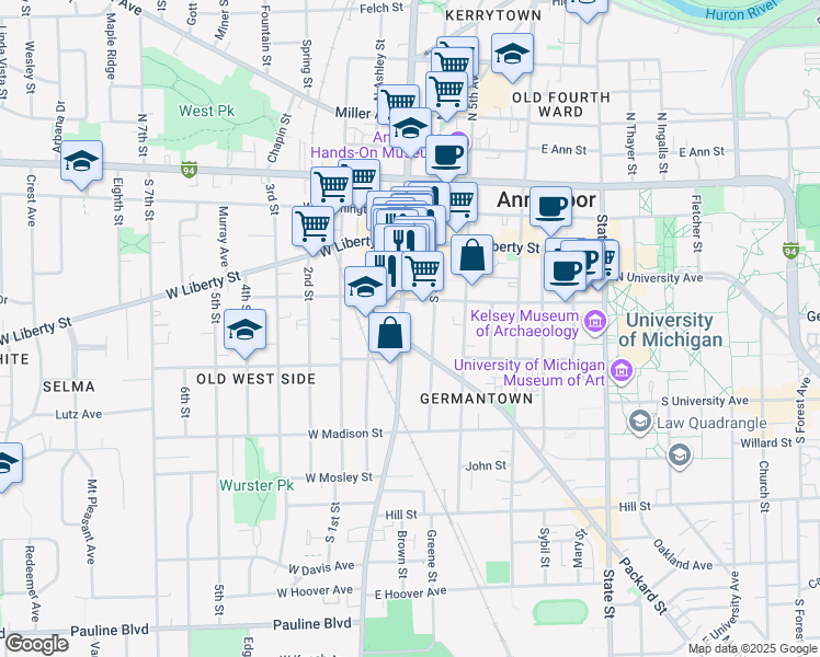 map of restaurants, bars, coffee shops, grocery stores, and more near 425 South Main Street in Ann Arbor