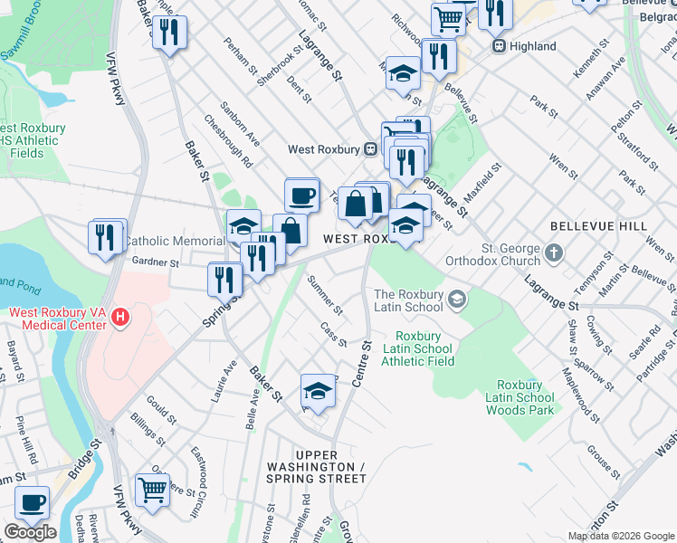 map of restaurants, bars, coffee shops, grocery stores, and more near 32 Spring Street in Boston
