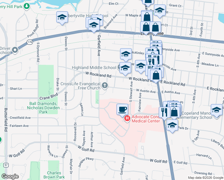 map of restaurants, bars, coffee shops, grocery stores, and more near 526 Oak Street in Libertyville