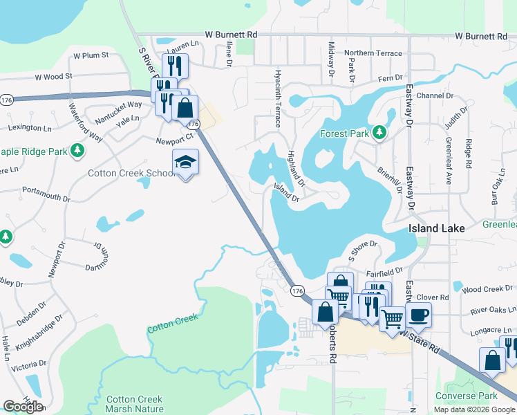 map of restaurants, bars, coffee shops, grocery stores, and more near 3605 Lakeview Drive in Island Lake