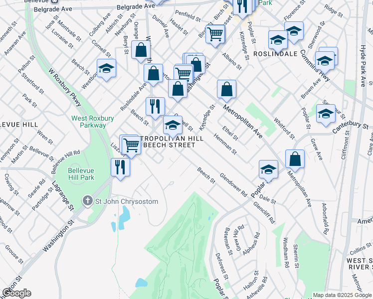 map of restaurants, bars, coffee shops, grocery stores, and more near 314 Kittredge Street in Boston