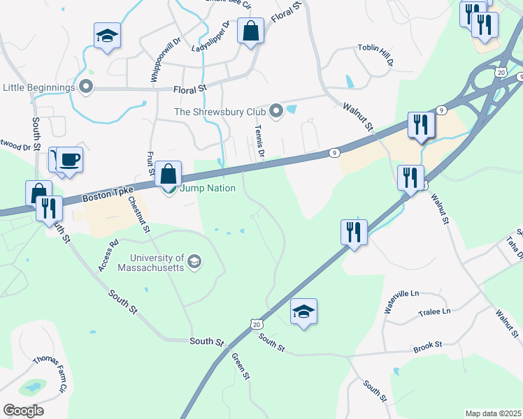 map of restaurants, bars, coffee shops, grocery stores, and more near 50 Commons Drive in Shrewsbury