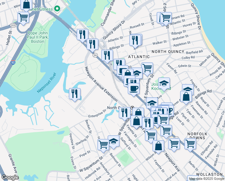map of restaurants, bars, coffee shops, grocery stores, and more near 128 Newport Ave in Quincy