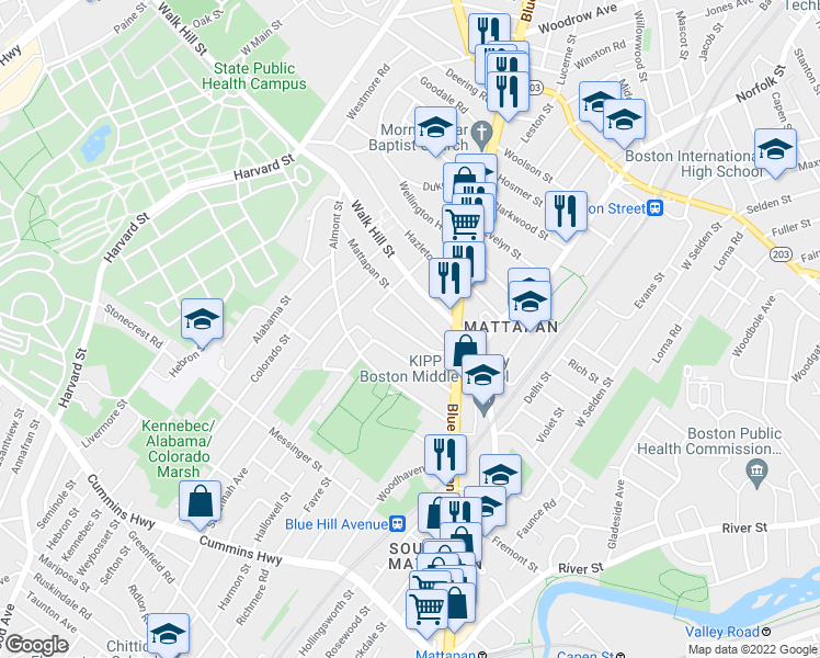 map of restaurants, bars, coffee shops, grocery stores, and more near 46 Mattapan Street in Boston