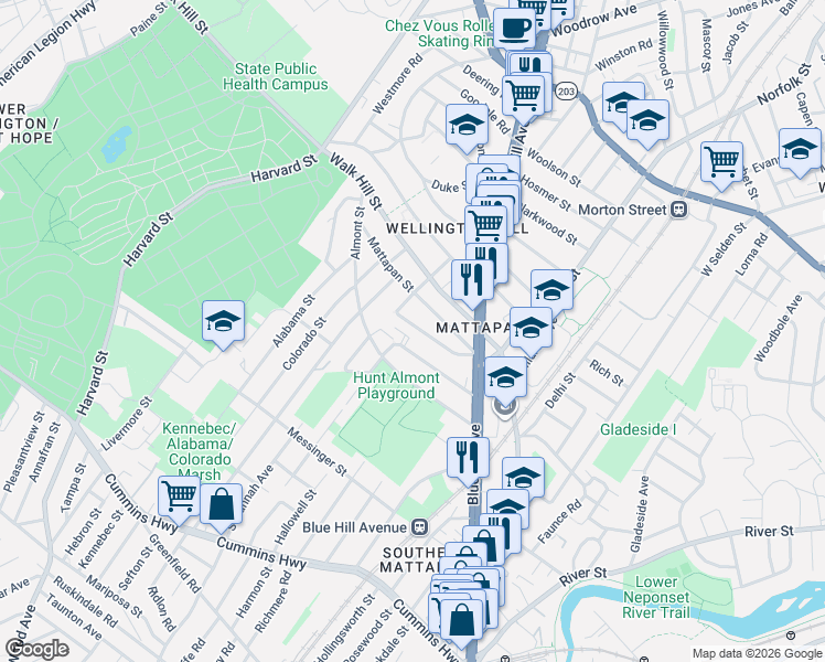map of restaurants, bars, coffee shops, grocery stores, and more near 46 Mattapan Street in Boston
