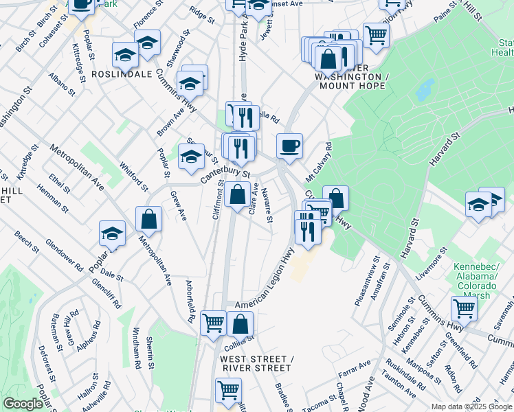 map of restaurants, bars, coffee shops, grocery stores, and more near 20 Clare Avenue in Boston