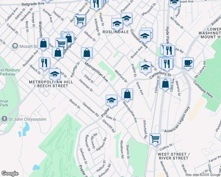 map of restaurants, bars, coffee shops, grocery stores, and more near 218 Metropolitan Avenue in Boston