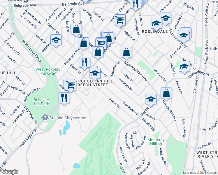 map of restaurants, bars, coffee shops, grocery stores, and more near 128 Cornell Street in Boston
