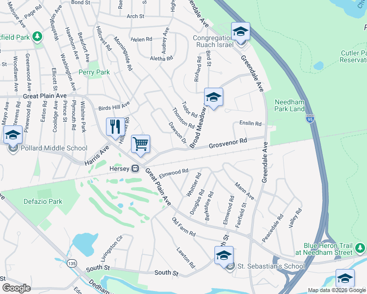 map of restaurants, bars, coffee shops, grocery stores, and more near 15 Dawson Drive in Needham