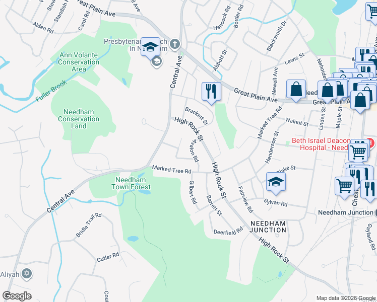 map of restaurants, bars, coffee shops, grocery stores, and more near 20 Avalon Road in Needham