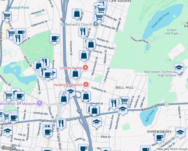 map of restaurants, bars, coffee shops, grocery stores, and more near 21 Westminster Street in Worcester