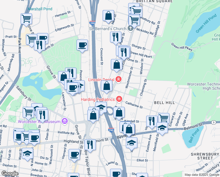 map of restaurants, bars, coffee shops, grocery stores, and more near 3 Frederick Street in Worcester