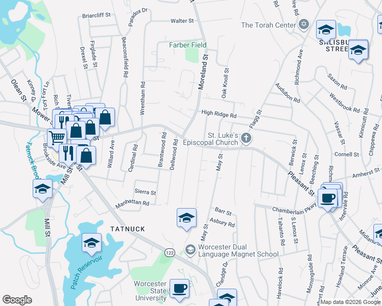 map of restaurants, bars, coffee shops, grocery stores, and more near 980 Pleasant Street in Worcester
