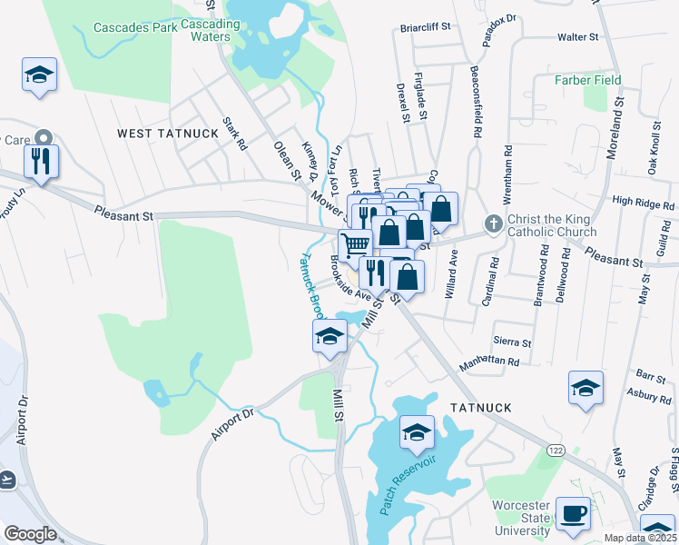 map of restaurants, bars, coffee shops, grocery stores, and more near 22 Lauf Street in Worcester