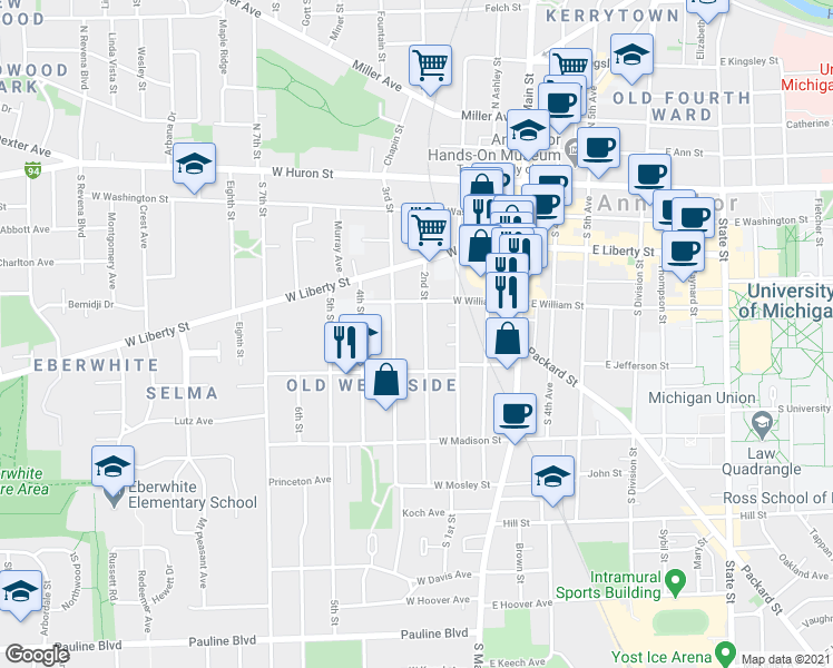 map of restaurants, bars, coffee shops, grocery stores, and more near 414 2nd Street in Ann Arbor
