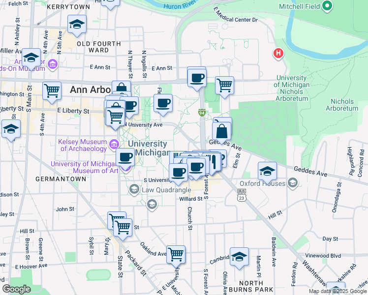map of restaurants, bars, coffee shops, grocery stores, and more near 428 Church Street in Ann Arbor