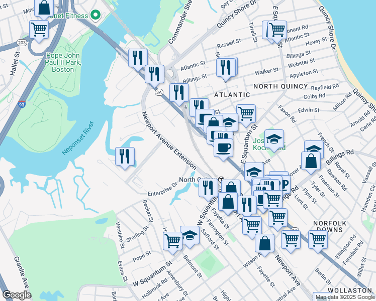 map of restaurants, bars, coffee shops, grocery stores, and more near 150 Newport Avenue Extension in Quincy