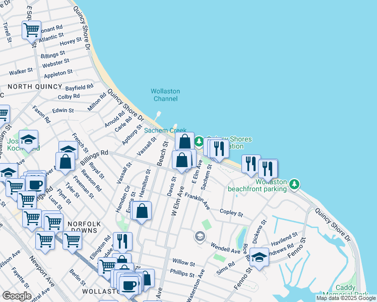 map of restaurants, bars, coffee shops, grocery stores, and more near 729 Quincy Shore Drive in Quincy