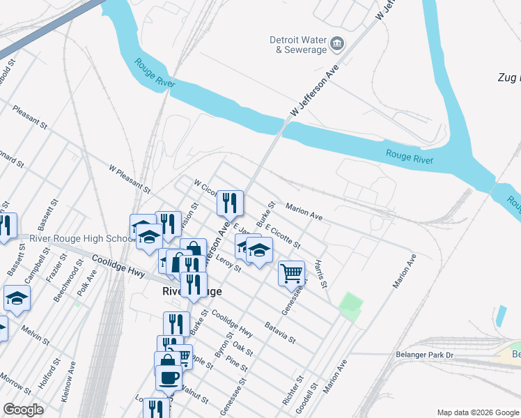 map of restaurants, bars, coffee shops, grocery stores, and more near 23 East Anchor Street in River Rouge