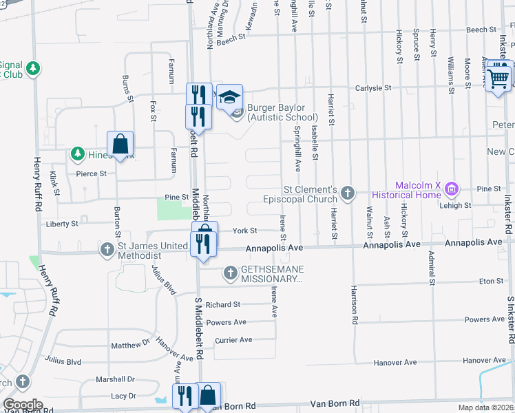 map of restaurants, bars, coffee shops, grocery stores, and more near 4340 Bridgeport Court in Inkster