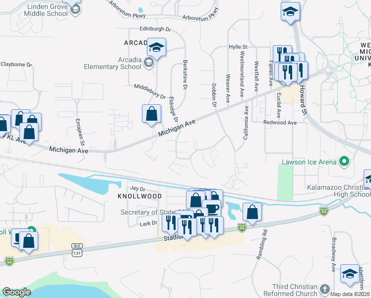map of restaurants, bars, coffee shops, grocery stores, and more near 3640 Kenbrooke Court in Kalamazoo