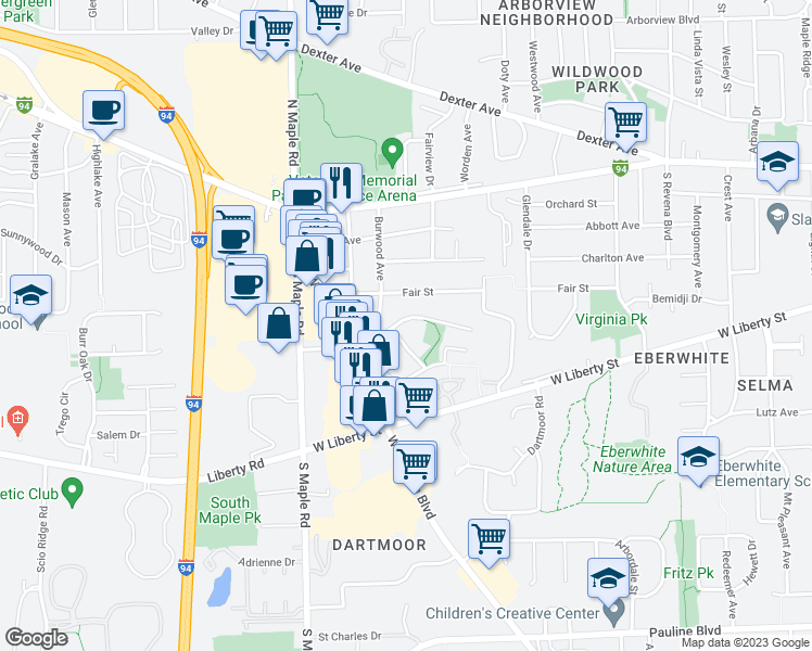 map of restaurants, bars, coffee shops, grocery stores, and more near 2135 Winewood Avenue in Ann Arbor