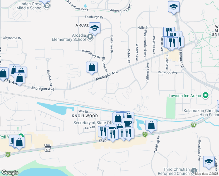 map of restaurants, bars, coffee shops, grocery stores, and more near 3640 Kenbrooke Court in Kalamazoo