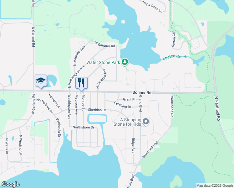 map of restaurants, bars, coffee shops, grocery stores, and more near 25156 Bonner Road in Wauconda