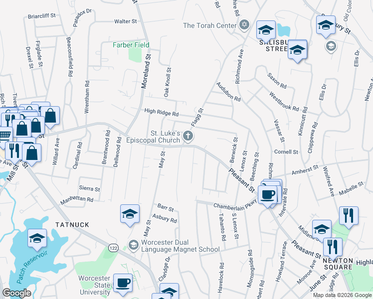 map of restaurants, bars, coffee shops, grocery stores, and more near 930 Pleasant Street in Worcester