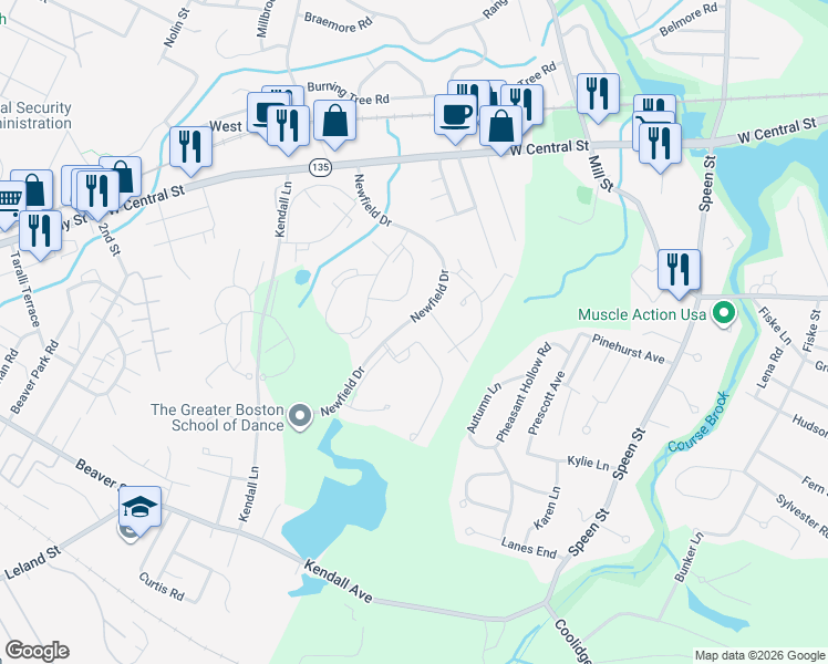 map of restaurants, bars, coffee shops, grocery stores, and more near 6 Walden Drive in Natick