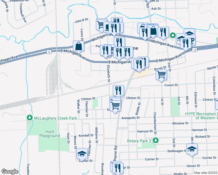 map of restaurants, bars, coffee shops, grocery stores, and more near 4132 Elizabeth Street in Wayne