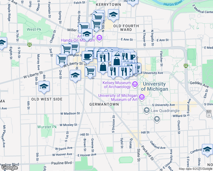 map of restaurants, bars, coffee shops, grocery stores, and more near 422 Hamilton Place in Ann Arbor