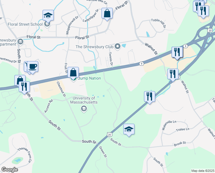 map of restaurants, bars, coffee shops, grocery stores, and more near 40 Commons Drive in Shrewsbury