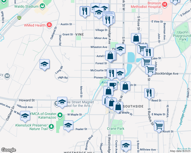 map of restaurants, bars, coffee shops, grocery stores, and more near 1423 Oak Street in Kalamazoo