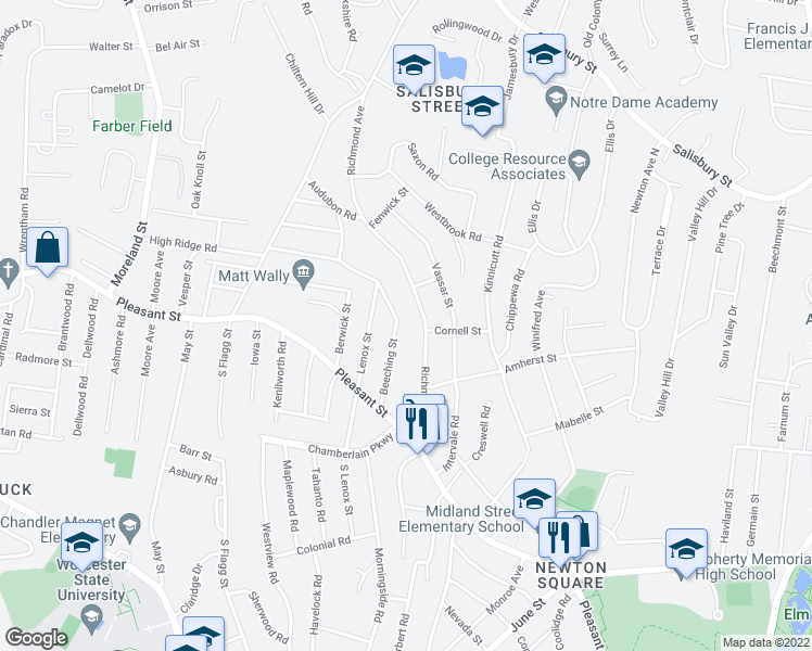 map of restaurants, bars, coffee shops, grocery stores, and more near 42 Beeching Street in Worcester