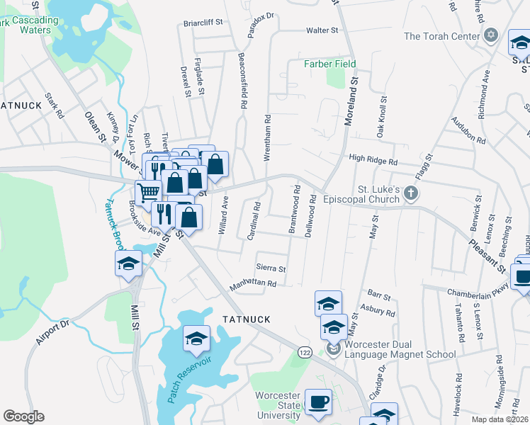 map of restaurants, bars, coffee shops, grocery stores, and more near 22 Marwood Road in Worcester