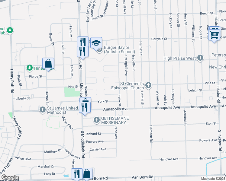 map of restaurants, bars, coffee shops, grocery stores, and more near 4340 Bridgeport Court in Inkster