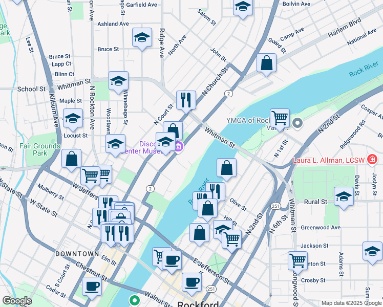 map of restaurants, bars, coffee shops, grocery stores, and more near 737 North Main Street in Rockford