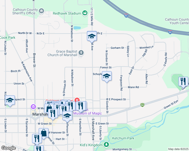 map of restaurants, bars, coffee shops, grocery stores, and more near 414 North Marshall Avenue in Marshall